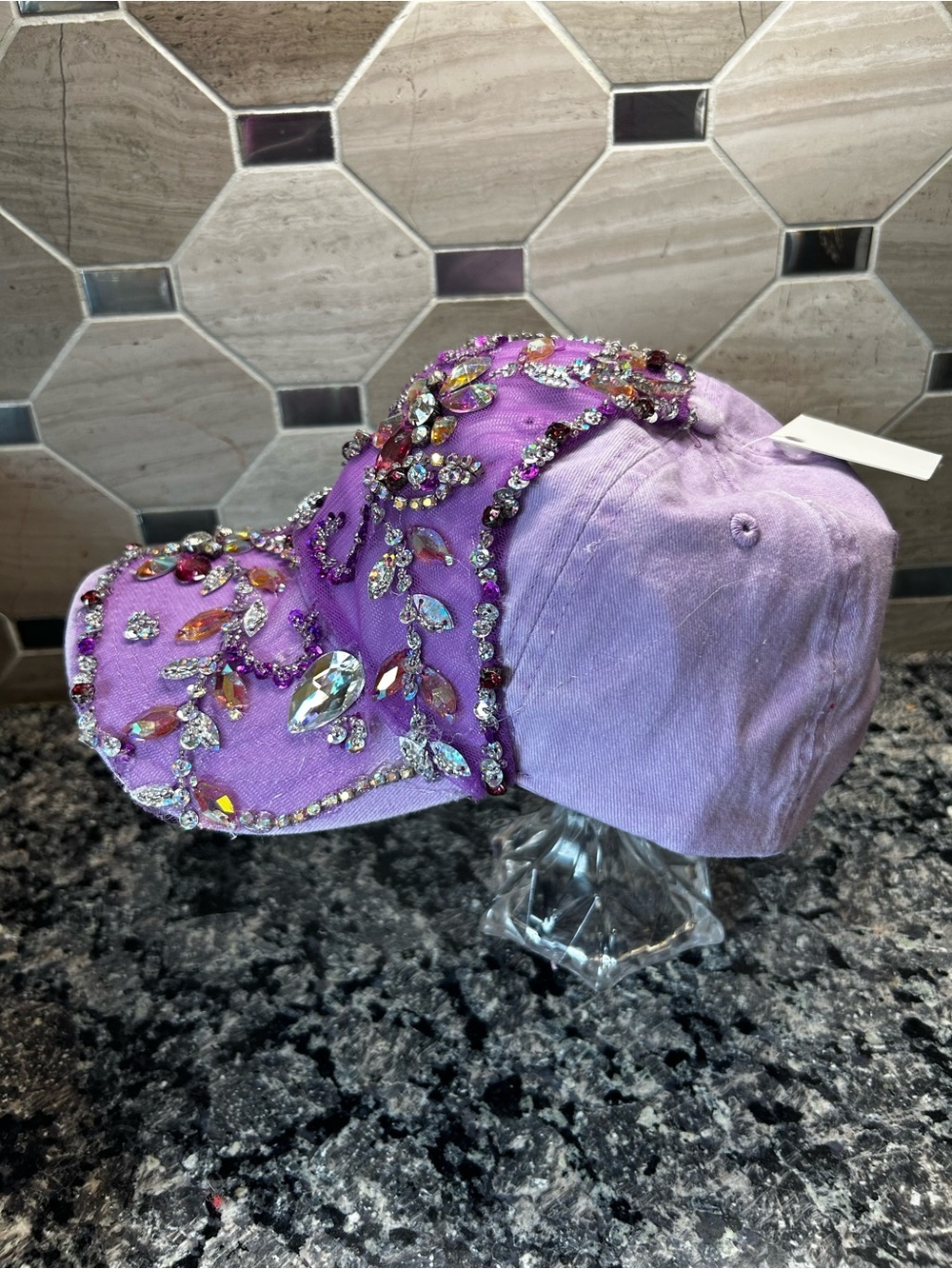 OOAK Bling Rhinestone Lavender Baseball Cap Handcrafted Festival Glam Hat - Picture 5 of 9